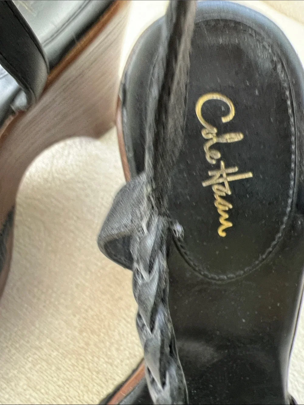 Cole Haan Black Braided Leather Wedge Sandals with Brown Wood-Effect Platform